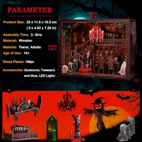 Joibabe Haunted Manor DIY Miniature House Kit with LED Lights - Gothic Book Nook Decor, 3D Wooden Puzzle for Adults, Halloween Home Decoration (AAA Batteries Not Included) - Thumbnail 3