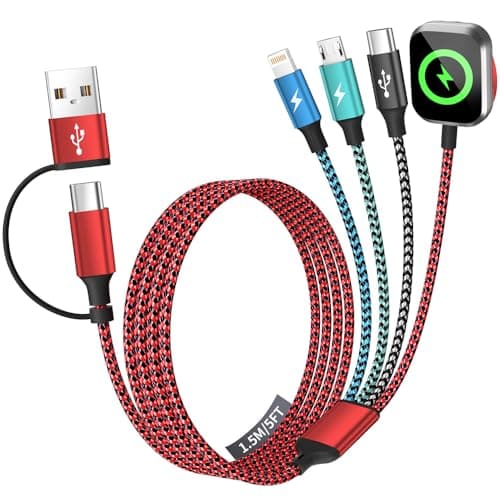 Travel Essentials 4in2 Multi Charging Cable for iPhone Watch Charger,USB A/C to Type C/iWatch Charger/IP/Micro,Travel Chargers for Multiple Device Compatible with iWatch Series&Phone 17-12/Android 5FT