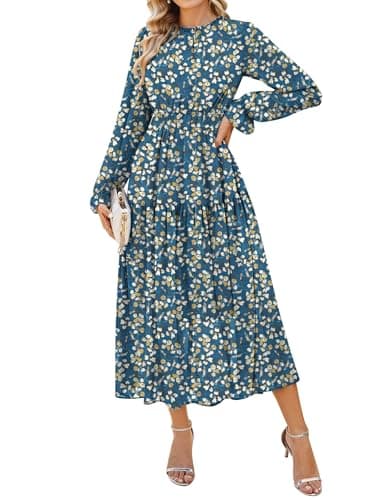 GRACE KARIN Women's Long Sleeve Maxi Dress Fall 2025 Chiffon Flowy Wedding Guest Dresses Floral Tiered Dress Blue XL - Image 1