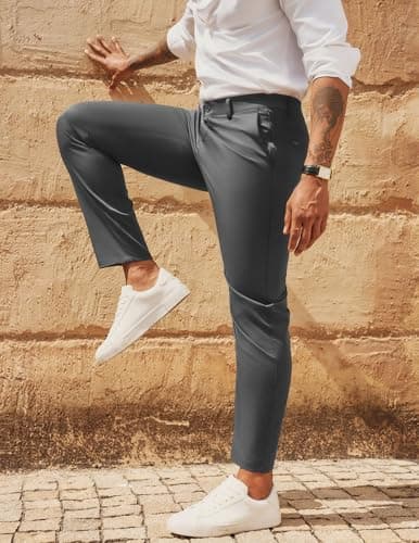 PJ PAUL JONES Mens Regular Fit Golf Pants Stretch Work Dress Pants Lightweight Comfy Golf Pant Trousers for Office Travel Dark Grey S - Thumbnail 2