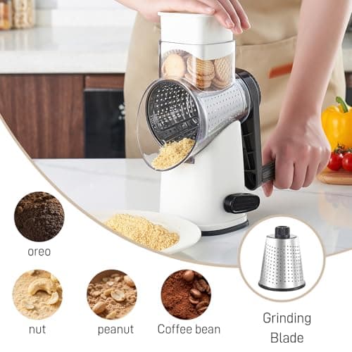 Weltonhm Rotary Cheese Graters with 4 Blades, Hand Crank Cheese Grater with Waffle Slicer, Red, Black and White Cheese Shredder with Suction Base, Easier for Shredding & Grating (White, 4 Graters) - Thumbnail 6
