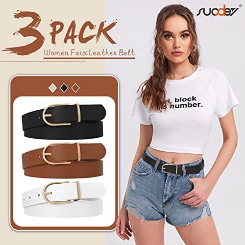 SUOSDEY 3 Pack Womens Fashion Leather Belts for Jeans Dresses Pants Black Brown Beige Ladies Belts with Gold Buckle - Thumbnail 6