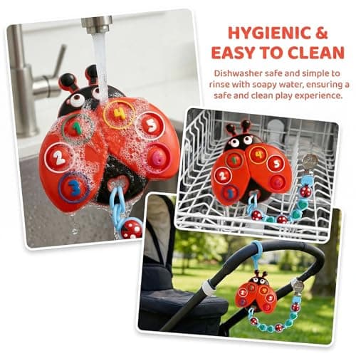 BIGSPINACH Teething Toy & Pacifier Clip Set,Ladybug Pop-It Teether & Pacifier Hold,Multi-Textured Chew Toy with Number Buttons for Early Learning, Baby Teething Relief (Red+Blue) - Thumbnail 3