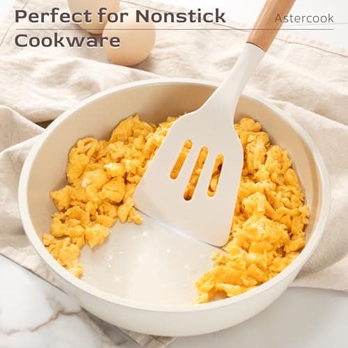 Astercook Kitchen Utensils set, 39 PCS Silicone Cooking Utensils Set with Wooden Handle, 446°F Heat Resistant Food Grade Utensil Sets, BPA Free Kitchen Gadgets Tools Set for Nonstick Cookware (Cream) - Thumbnail 4