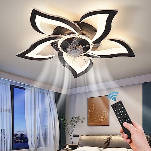 ZHMDJDSH 26" Geometric Ceiling Fan with Lights Remote Control, 6 Speeds 3 Colors, Black Low Profile Flush Mount Ceiling Fan for Kitchen Bedroom Living Room