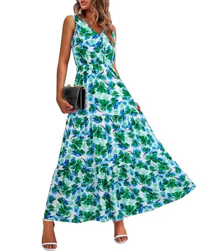 BTFBM Women Summer Dresses Casual Sleeveless Maxi Dresses Cute Floral Long Dress Wedding Guest Dress(Green Flower,Medium)