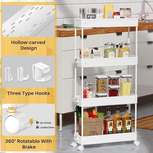 SPACEKEEPER Slim Rolling Storage Cart 4 Tier Bathroom Organizer Mobile Shelving Unit Utility Cart Tower Rack for Kitchen Laundry Narrow Places, White - Thumbnail 2