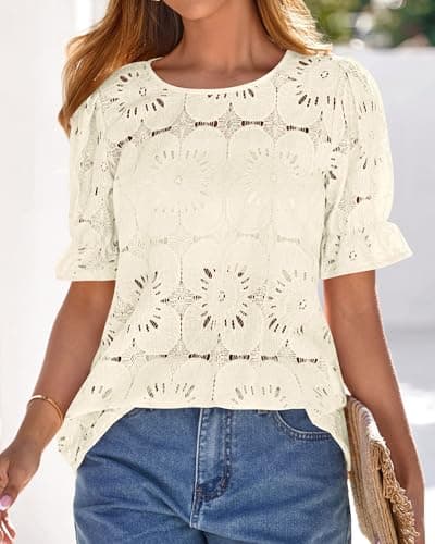 KIRUNDO Lace Tops for Women Blouses Dressy Casual Boho Eyelet Puff Short Sleeve Shirts Spring Summer Clothes Vacation Outfits(Beige, Small) - Thumbnail 3