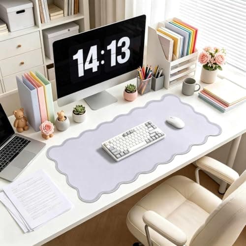 yuboo Grey Scalloped Desk Mat, 31" x 15.7" Large Waterproof Pastel Desk Mat Cottagecore Aesthetic Desk Pad Desktop Keyboard Mouse Mat for Dorm Office Gaming Decor - Image 1