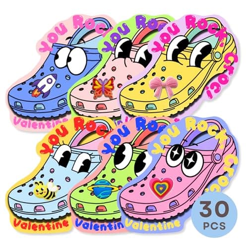 Poatel Valentines Day Cards for Kids School, 30 Kids Valentine Cards with 48 Cute Shoe Charms, Valentines Exchange Cards for School Classroom - Image 1