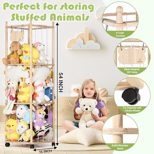 TOMSHUB Stuffed Animal Storage & Organizer, 54 inch Tall Wooden Cute Zoo Toy Holder with Building Block Storage Bag, Space Save Toy Holder with Elastic Cord for Toddler Rooms, Playrooms & Bedrooms - Thumbnail 3