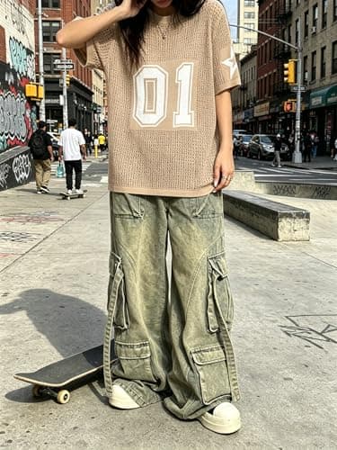 Jersey Shirts for Women Casual Number Graphic Tees Crochet Hollow Out T Shirt Y2k Short Sleeve Knit Tops Apricot - Thumbnail 2