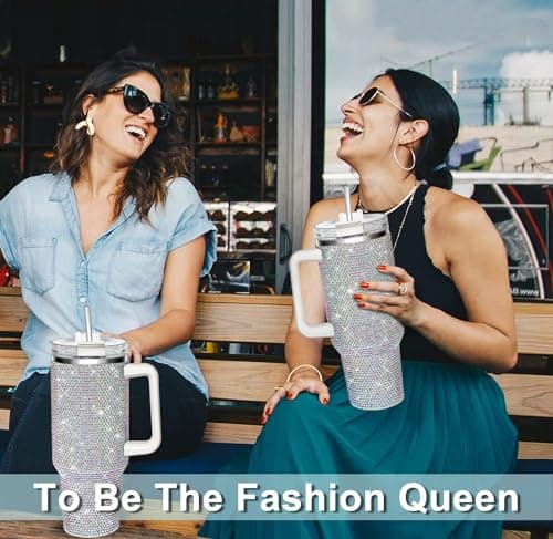 HWISDMIG 40oz Tumbler with Handle-Glitter Rhinestones Tumbler Bling Cups Stainless Steel Water Bottle Diamond Studded Tumbler for Women-Birthday Gifts for Women, Mom, Wife, Girlfriend (40 oz, Shiny) - Thumbnail 6