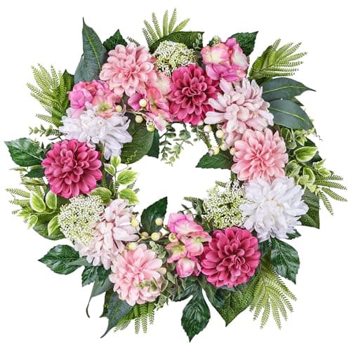 24-Inch Spring Wreath for Front Door with Hydrangeas Dahlias Daisy Silk Flowers and Berry Greenery for All Seasons Indoor Outdoor Wedding Farmhouse Porch Wall Living Room Home Wedding Decor - Image 1