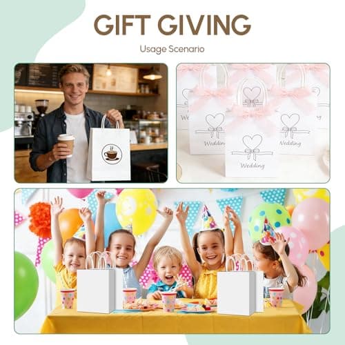 Qioxiou 60 Pack White Gift Bags 8.27x4.33x10.63 Medium Kraft Paper Gift Bags with Handles Bulk, White Paper Sacks for Wedding Birthday Party Favor, Retail, Merchandise, Grocery, Shopping, Business - Thumbnail 6