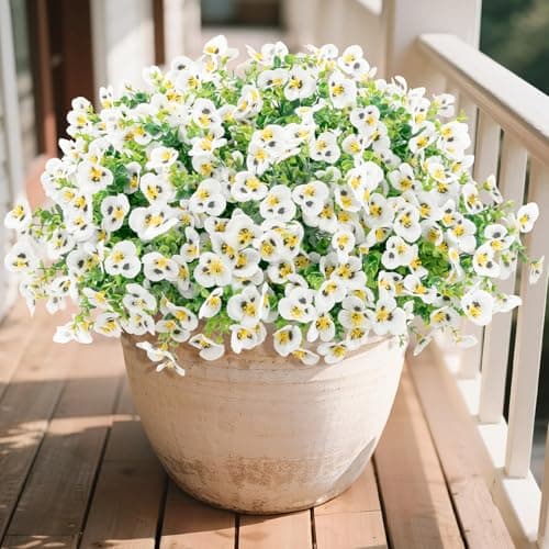 U'Artlines Artificial Flowers for Outdoors, 16 Bundles Fake Flowers Realistic Pansies Plants with Eucalyptus, UV Resistant No Fade Look Real Faux Silk Flower for Outside Planter Porch Garden Patio - Image 1