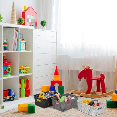 Plastic Storage Baskets 6 Pack Sturdy Storage Organizer Basket Woven Plastic Storage Bins for Shelves,Closet,Countertops, Desktops, Cabinets and Badrooms,Saving Storage, Stylish Design,White - Thumbnail 6