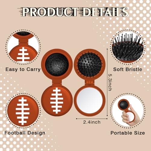 12 Pcs Football Mini Detangler Brush, Folding Mirror Hair Brushes, Travel Hair Brush, No Tangle Soft Flexible Bristles for Straight, Curly, Thick Hair for Football Team Gift Sport Party - Thumbnail 6