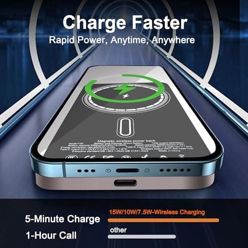 VONUV Magnetic Portable Charger 5000mAh, 15W Ultra Slim Wireless Portable Charger, Fast Charging for iPhone 16/15/14/13/12 Pro/Pro Max/Plus, Metal Shell, USB-C Cable to Charge Other Phones (Gold) - Thumbnail 2