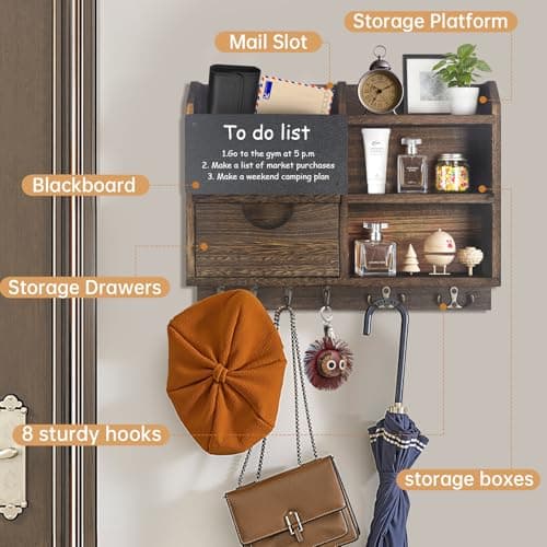 Key Holder Wall Mount, 14.5x11.2x3.5'' Larger 3-Tier Shelf 8 Hooks Drawer Storage,Wooden Key and Mail Holder for Wall,Farmhouse,Home,Living Room,House,Office Decor,Hats,Bag,Dog Leash Hanger Organizer - Thumbnail 3