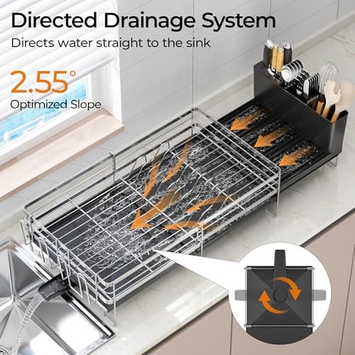 Delamu Stainless Steel Dish Drying Rack, Expandable Dish Drainer, Anti-Rust Large Dish Racks for Kitchen Counter, Dish Strainers with Drainboard, Utensil Holder & Cup Holder, 13.4"-28.7" L x 11.8" W - Thumbnail 5