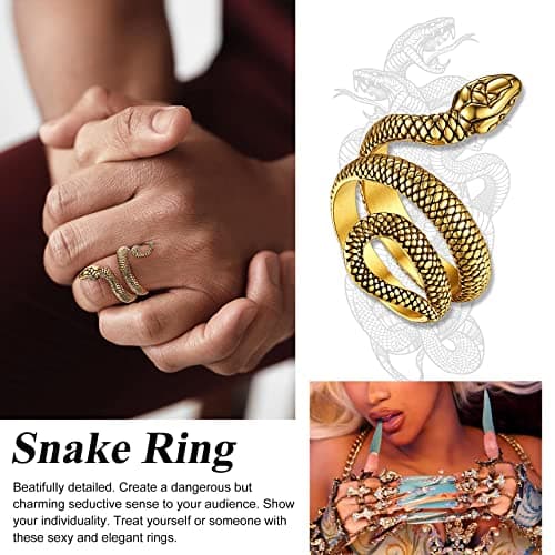 Bestyle Vintage 18K Gold Plated Snake Ring for Women Men Adjustable Cool Rings Snake Jewelry Gothic Punk Finger Rings Fashion Halloween Costumes for Women, Size 12 - Thumbnail 4
