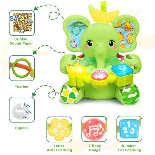 Holaxander Baby Elephant Musical Stuffed Animals Toy with Light-Up Music & Crinkle Sound Paper,Infant Bilingual Early Learning Education Toys,Tummy Time Toys for 0-3-6-12+ Months Boy Girl, Green - Thumbnail 3