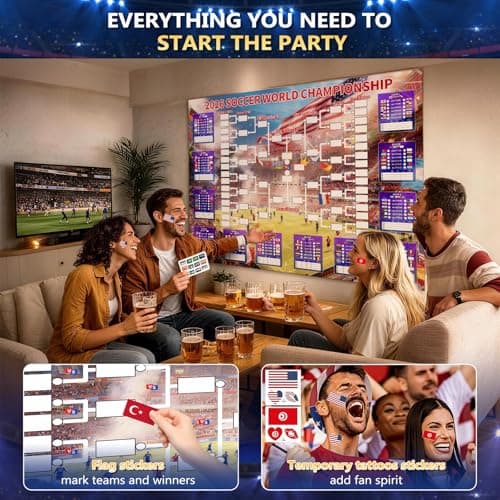 2026 World Soccer Cup Schedule Poster 4-Piece Set, 63 x 44 Inch Extra Large Premium Polyester Match Tracker, Waterproof Wrinkle-Resistant Chart with Flag Banner, 384 Flag Stickers & 96 Water Tattoos - Thumbnail 5