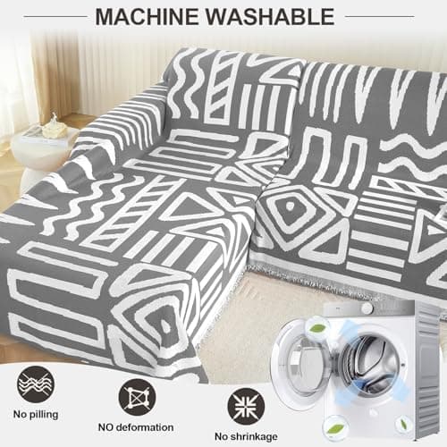 OstepDecor Boho Sectional Couch Covers 2 Pieces, L Shaped Sofa Cover, Chenille Couch Cover for Dogs Washable, Couch Cover Blanket, Sofa Slipcover for 2-3 Cushion Couch (71"x110"+71"x118", Dark Grey) - Thumbnail 6