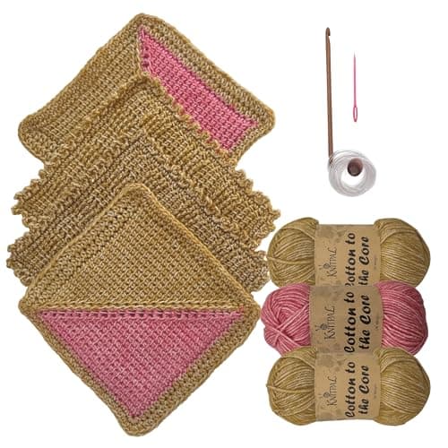 KnitPal Everyday Joy Tunisian Crochet Dishcloth Kit for Confident Beginners – Make 4 Reusable Dishcloths – Cotton Yarn, Tunisian Crochet Hook, 2 Patterns & Video Tutorials (Camel Brown+Flamingo Pink) - Image 1