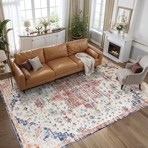 Syalife 6x9 Washable Area Rug, Ultra Soft Non-Slip, Low Pile, Stain Resistant Vintage Area Rug for Living Room, Boho Carpet for Bedroom, Dining Room, Office, Foldable Home Decor Rug, Multi Orange - Image 1