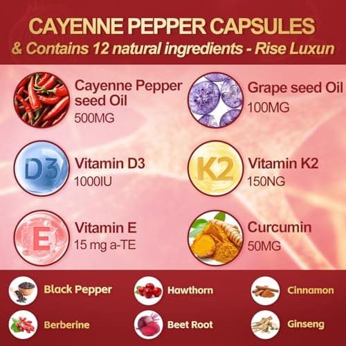 RiseLuxun 12-in-1 Cayenne Pepper Capsules Supplement*, 5000mg Per Serving Containing | Vitamin D3 K2+E & Extracts of Grape Seed, Hawthorn, Beetroot, Berberine Other Extracts - Thumbnail 3