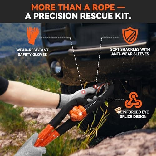 XSTUN 1" Kinetic Recovery Rope 48100lbs Breaking Strength, 30ft Snatch Rope with 35% Stretch, Offroad Tow Rope Kit with Level 5 Cut-Resistant Gloves, Compatible with Jeep, Truck (Orange) - Thumbnail 2