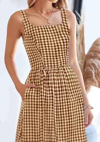PRETTYGARDEN Women's 2026 Summer Spaghetti Strap Maxi Dresses Plaid Square Neck A Line Casual Beach Vacation Long Sundress (Coffee,Medium) - Thumbnail 5