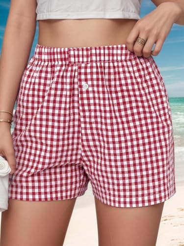 EXLURA Cotton Shorts for Women Summer Casual Lounge Beach Bottoms Pajama Plaid Boxer Shorts - Thumbnail 2