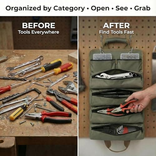 Yobobo Tool Bag for Hand Tools: 6 Zipper Pockets Keep Tools Sorted - Hang-Open Access on Hooks/Pegboard - Heavy-Duty Garage Organizer for Homeowner DIY Repairs - Thumbnail 3