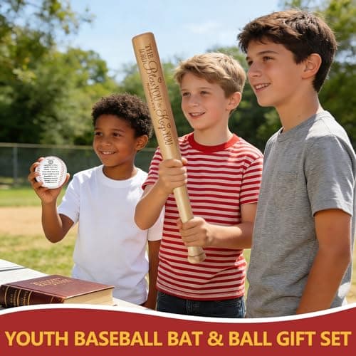 AKAIXI First Communion Gifts for Boys 8-12, Baptism Baseballs Set 1st Confirmation Gift Inspirational Bible Verses 18” Wooden Bat + 1 Baseball Christian Catholic Religious Kids Birthday Gift - Thumbnail 3