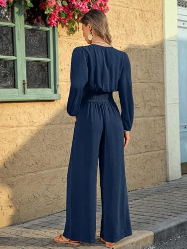 LOOKBOHO Jumpsuits for Women Dressy Casual Long Sleeve V Neck High Waist Wide Leg Romper 2026 Fall One Piece Outfits Navy Medium - Thumbnail 3