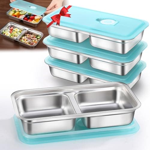 Tikmos 4 Pack Stainless Steel Snack Containers Reusable, Grab and Go 2 Compartment Food Storage Meal Prep Containers with Lids Stackable for Travel Camping School Lunch, Gifts for Gym Home Cooks - Image 1