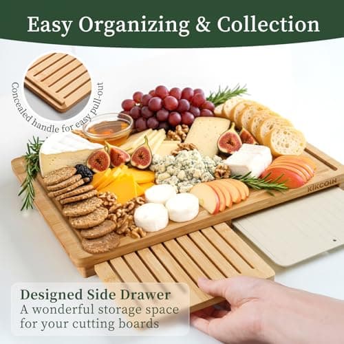 Kikcoin Bamboo Cutting Board Set with Defrosting Tray, Wood Cutting Boards for Kitchen with Deep Juice Grooves & Built-in Organizer Meal Prep Charcuterie& Chopping Board for Meat, Vegetables and Bread - Thumbnail 4