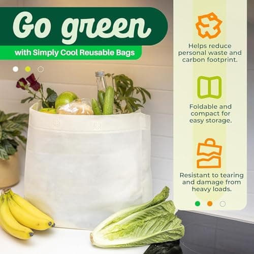 Simply Cool 50 Pack Reusable Eco-Friendly Grocery Shopping Bags 12.6"x6.3"x11.8" Durable, Recyclable, Washable, Foldable, Portable Tote Bags Bulk (50 Pack,Cream) - Thumbnail 3