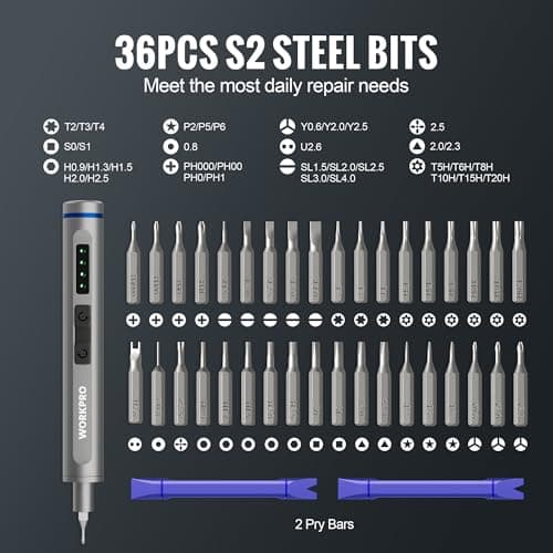 WORKPRO Mini Electric Screwdriver with Magnetizer, 36 S2 Steel Bits & 2 Pry Bars, 3.7V Rechargeable Precision Screwdriver Set for Phone Camera Laptop - Thumbnail 5