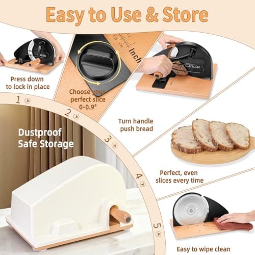 CAWIU Upgraded Manual Bread Slicer for Homemade Sourdough Bread - Adjustable Thickness Bread Cutter with Hand Crank, Suction Cups, Slicing Guide, Scale Line & Cover, for Perfect Even Slices (Black) - Thumbnail 5