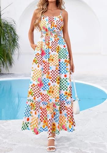 BTFBM Summer Dresses for Women 2026 Sundresses Sleeveless Spaghetti Strap Boho Beach Vacation Outfits Spring Maxi Dress(Floral Plaid Multicolored, Medium) - Thumbnail 2