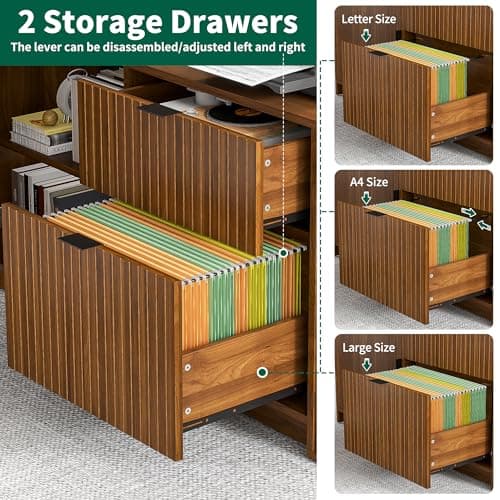 Mid Century Modern Electric L Shaped Standing Desk, 59 x 47 Inch Corner Sit Stand Up Desk with File Drawer, 2 Cabinet, Wooden Adjustable Height Computer Executive Desk for Home Office, Walnut - Thumbnail 5