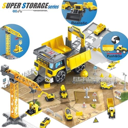 Frontoytall Construction Vehicles Track Set with Excavator, Dump Truck, Cement Truck, Wheel Loader & Rotating Crane, Car Carrier for Storage, STEM Building Toy for Kids Ages 3-12 (ASTM Certified) - Thumbnail 3