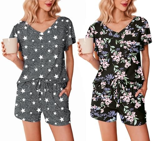 Ekouaer 2 Pack Women's Pajamas Set Soft Ruffle Sleeve Pjs Set Casual V Neck Lounge Set with Pockets,Grey Star/Black Florals,Small - Image 1