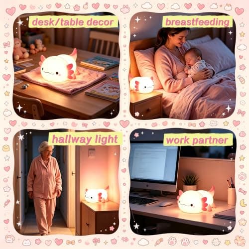 YR YRHH-PET Axolotl Lamp Kid Cute Night Light, Rechargeable Squishy Axolotl Gifts for Girls, Baby Touch Nightlight, Dimmable Silicone LED Animal Toys, Bedside Pink Lamp, College Nursery Kawaii Décor - Thumbnail 5
