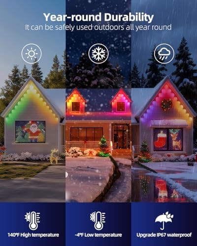 oneup 100FT Permanent Outdoor Christmas Lights, RGB Eaves Light with App/Control Remote, IP67 Waterproof, 16M Colors, Music Sync,Rainbow Led Lights for Outside Christmas Decorations Patio - Thumbnail 2