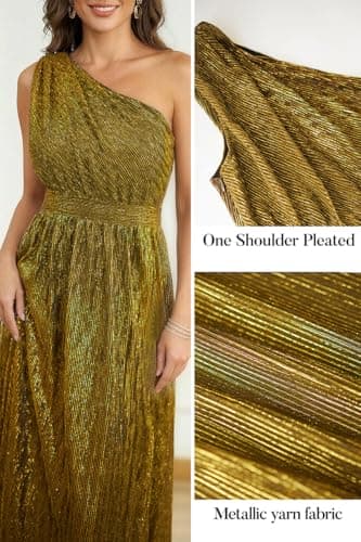 Lesuxa Women's Luxury Gold One Shoulder Sleeveless Elegant Pleated Long Dress,Formal Wedding Guest Dresses for Women Dinners Cocktail Dress (XX-Large,Golden) - Thumbnail 5